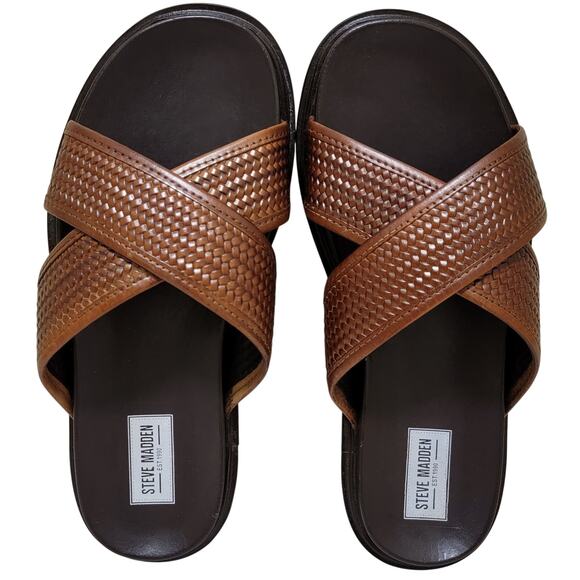 Steve Madden Men Dion Crisscross Slide Sandal Size US 8D Tan Brown Woven Leather